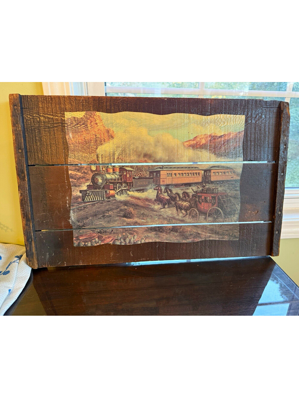 Vintage Rustic Wooden Railroad Scene Wall Plaque Steam Locomotive Train